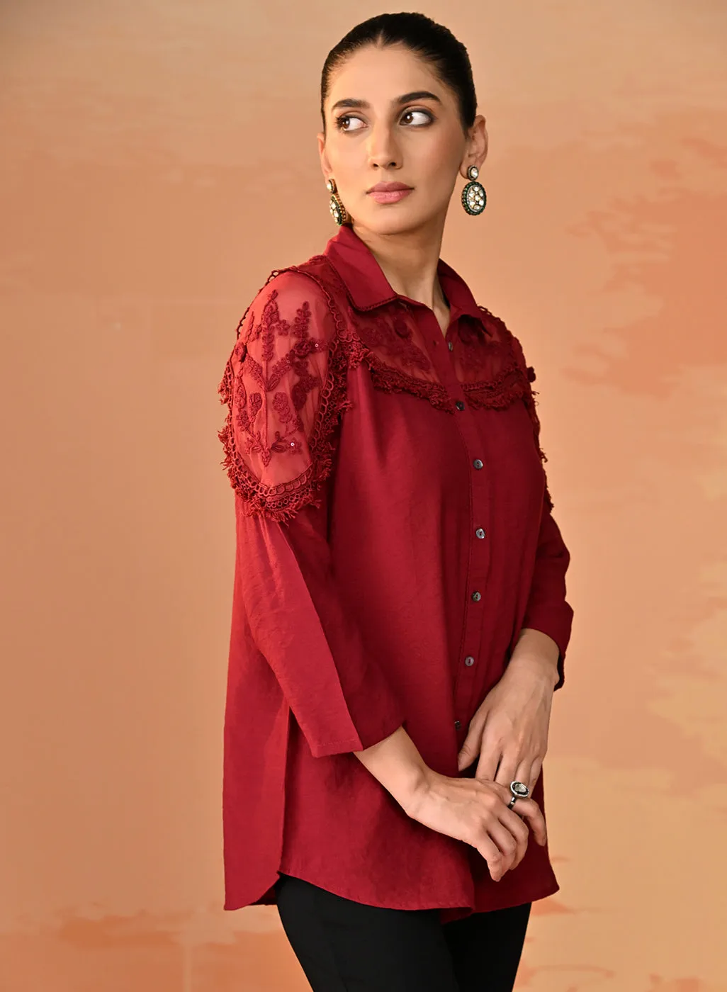 Samreen Maroon Embroidered Georgette Shirt for Women