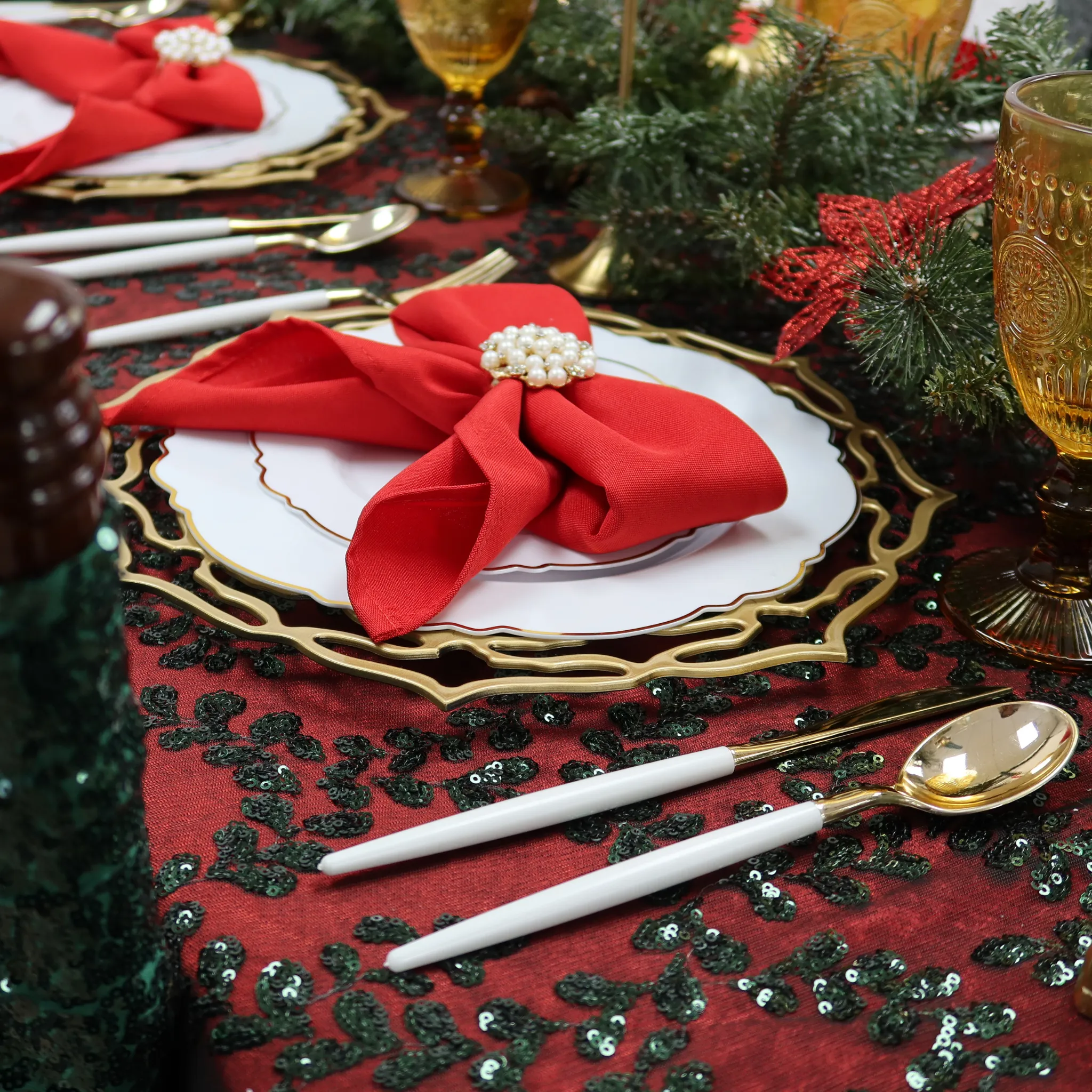 Sequin Vine Tablecloth Overlay 90"x132" Rectangle  - Emerald Green