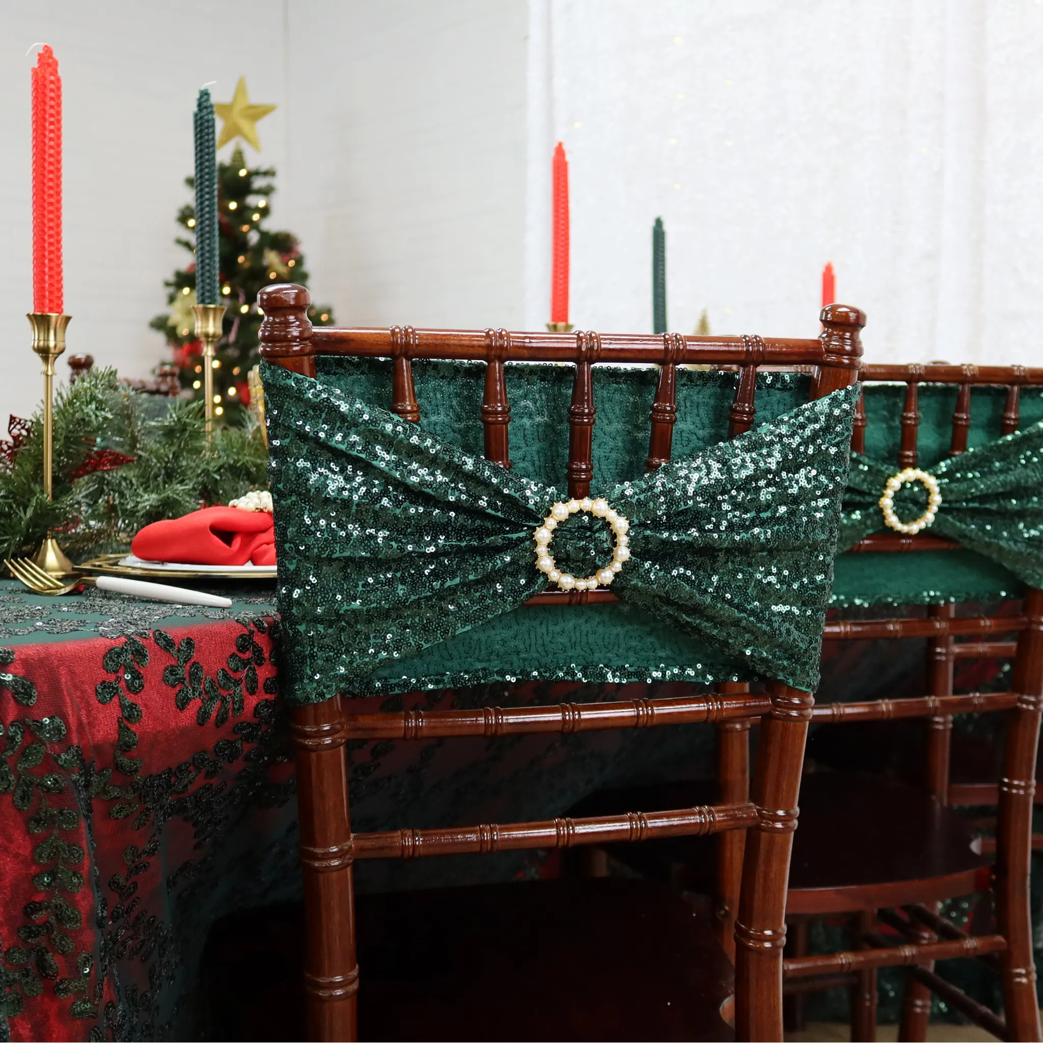 Sequin Vine Tablecloth Overlay 90"x132" Rectangle  - Emerald Green