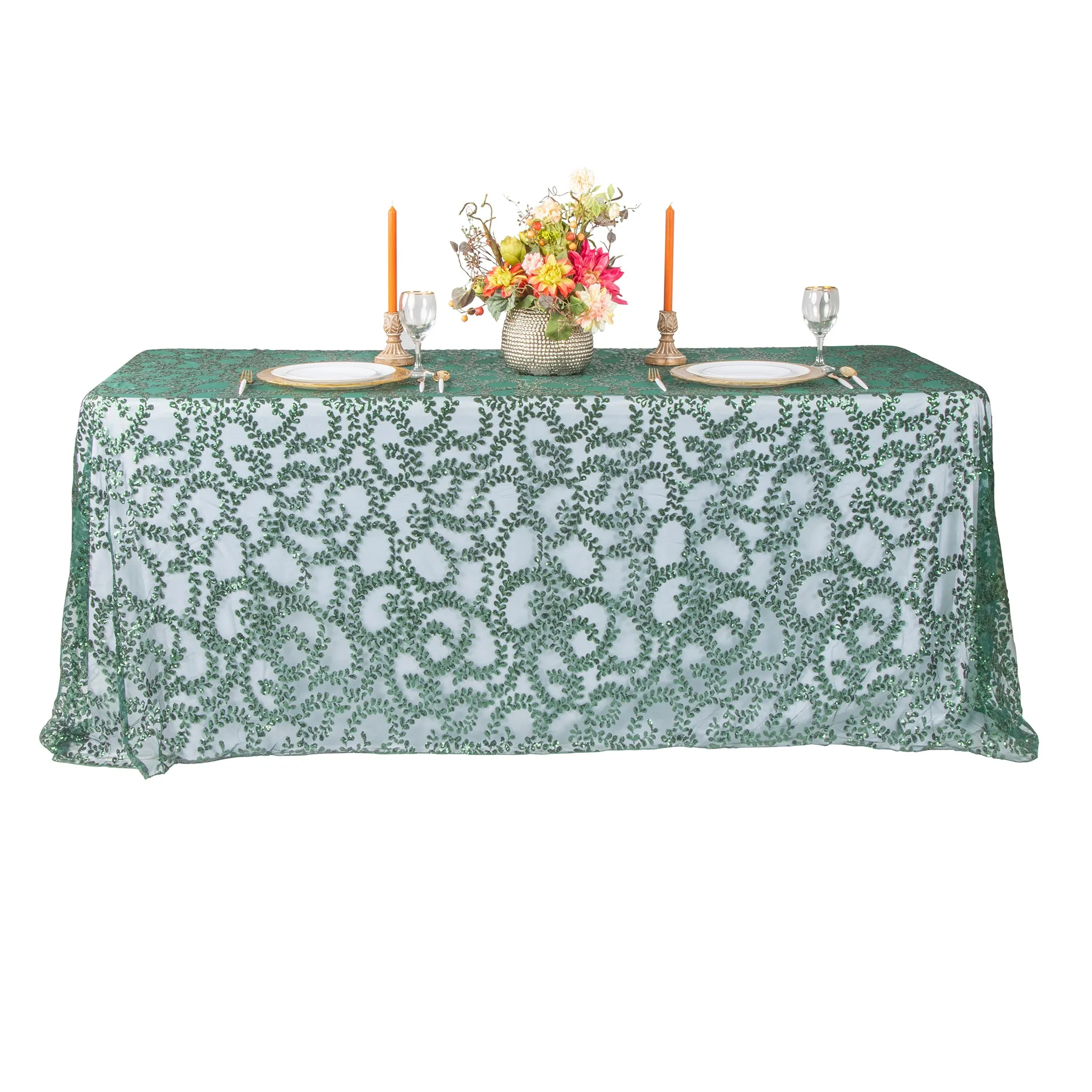 Sequin Vine Tablecloth Overlay 90"x132" Rectangle  - Emerald Green