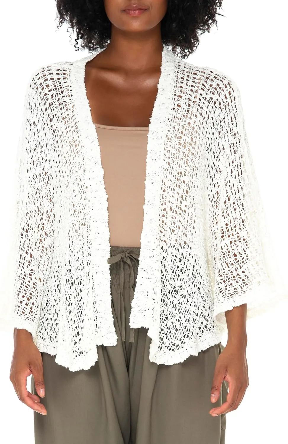 SHU-SHI Lightweight Open Front Cardigan for Women Hollow Out Sweater Knitted Poncho Batwing Loose Popcorn Shawl Boho Wrap White