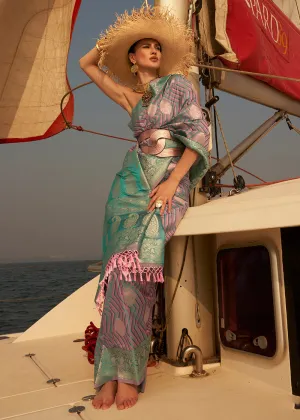 Splendid Pink-Blue Pure Satin Silk Two Tone Weaving Saree