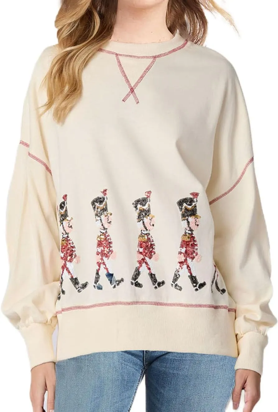 Ugly Christmas Sweaters for Women Cute Sequin Nutcracker Crewneck Sweatshirts Holiday Santa Oversized Pullover Tops