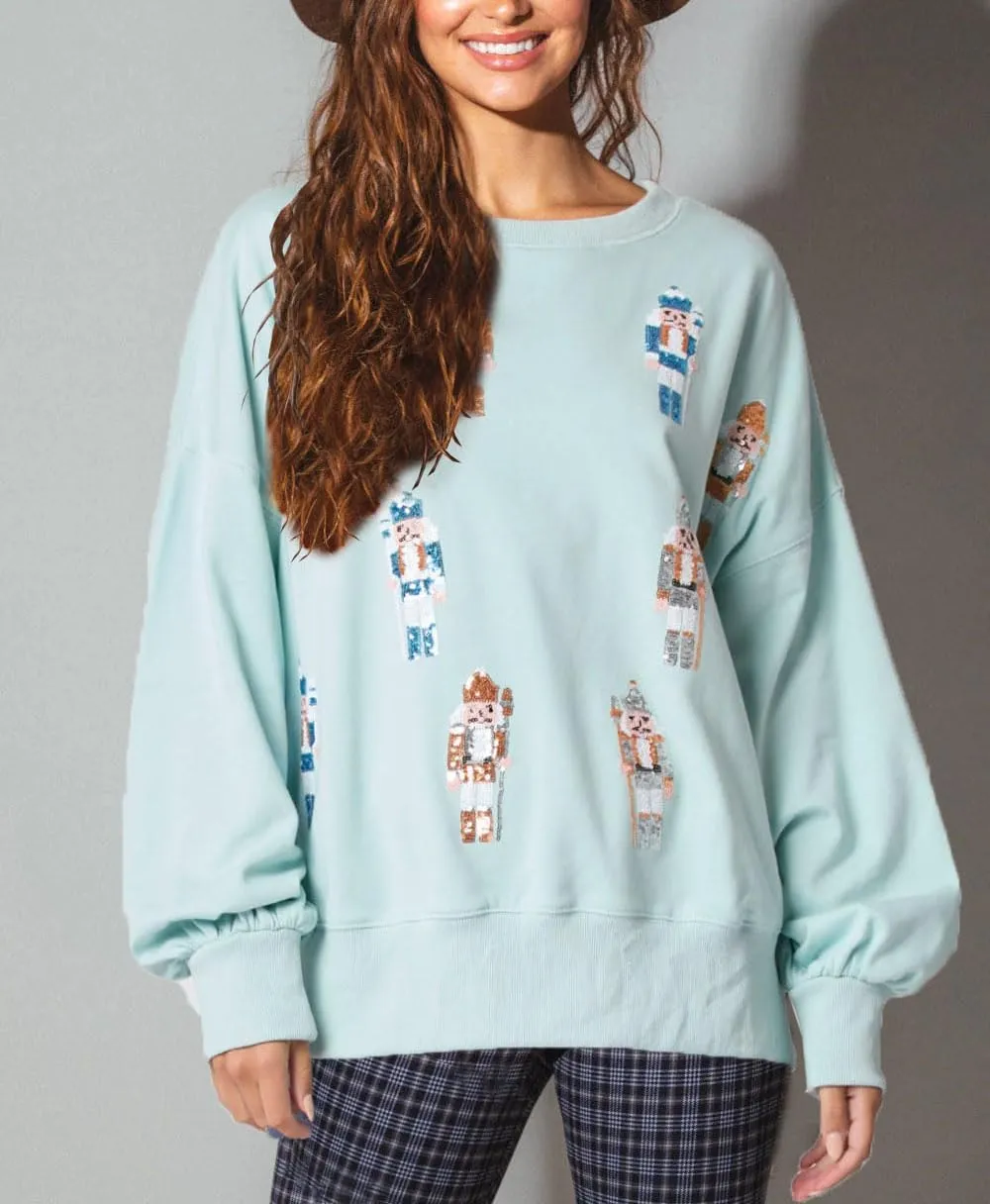 Ugly Christmas Sweaters for Women Cute Sequin Nutcracker Crewneck Sweatshirts Holiday Santa Oversized Pullover Tops