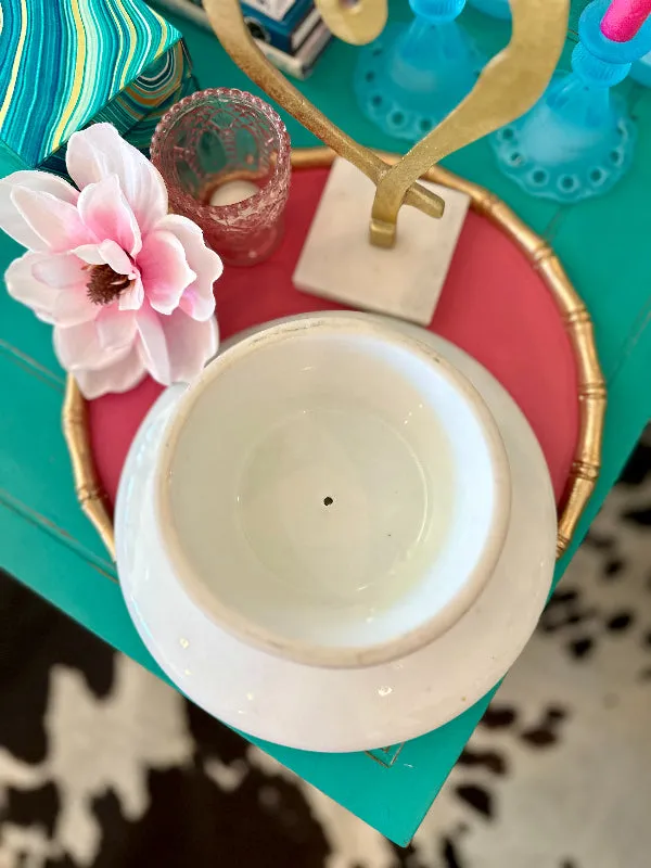 Vintage Opaline White Pedestal Compote Dish, Monogrammed "N" , Gold trim