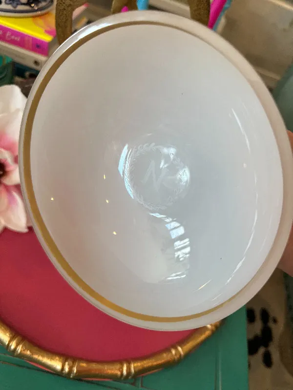 Vintage Opaline White Pedestal Compote Dish, Monogrammed "N" , Gold trim