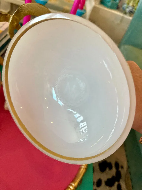 Vintage Opaline White Pedestal Compote Dish, Monogrammed "N" , Gold trim