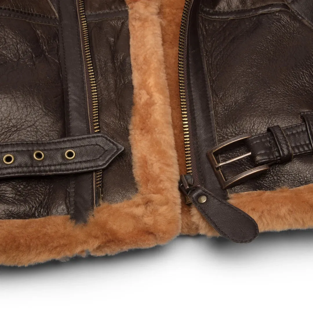 Women's Brown Sheepskin Flying Jacket Camel Fur Belt Zipped Winter