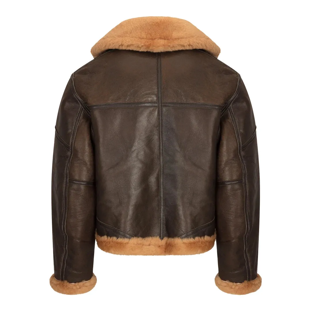 Women's Brown Sheepskin Flying Jacket Camel Fur Belt Zipped Winter