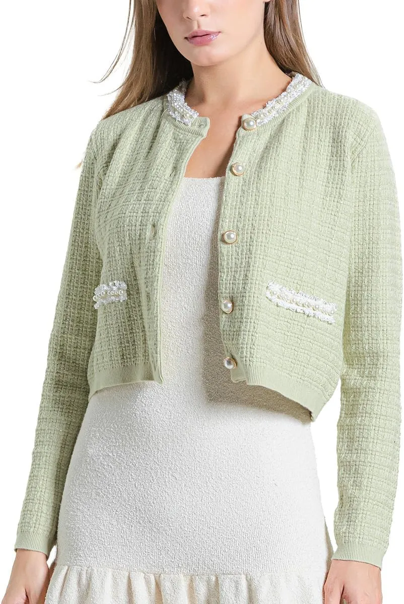 Womens Cropped Cardigan Sweaters Open Front Casual Long Sleeve Knit Pearl Button Down Crew Neck Jacket 2025