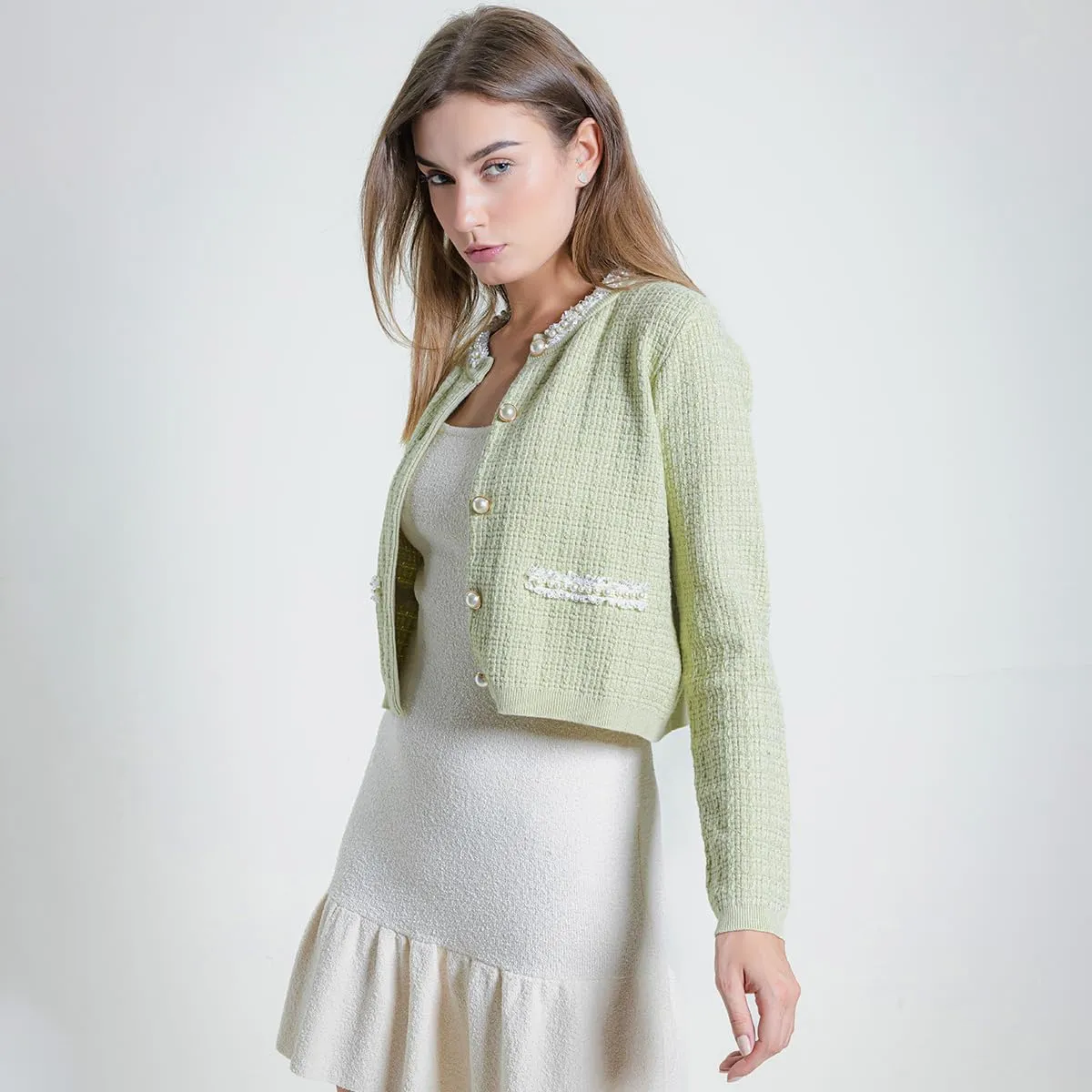 Womens Cropped Cardigan Sweaters Open Front Casual Long Sleeve Knit Pearl Button Down Crew Neck Jacket 2025