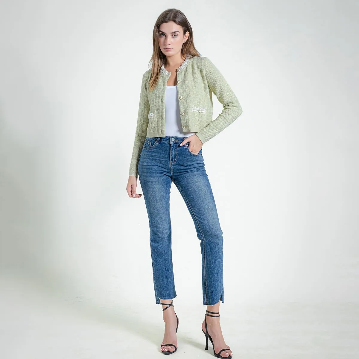 Womens Cropped Cardigan Sweaters Open Front Casual Long Sleeve Knit Pearl Button Down Crew Neck Jacket 2025