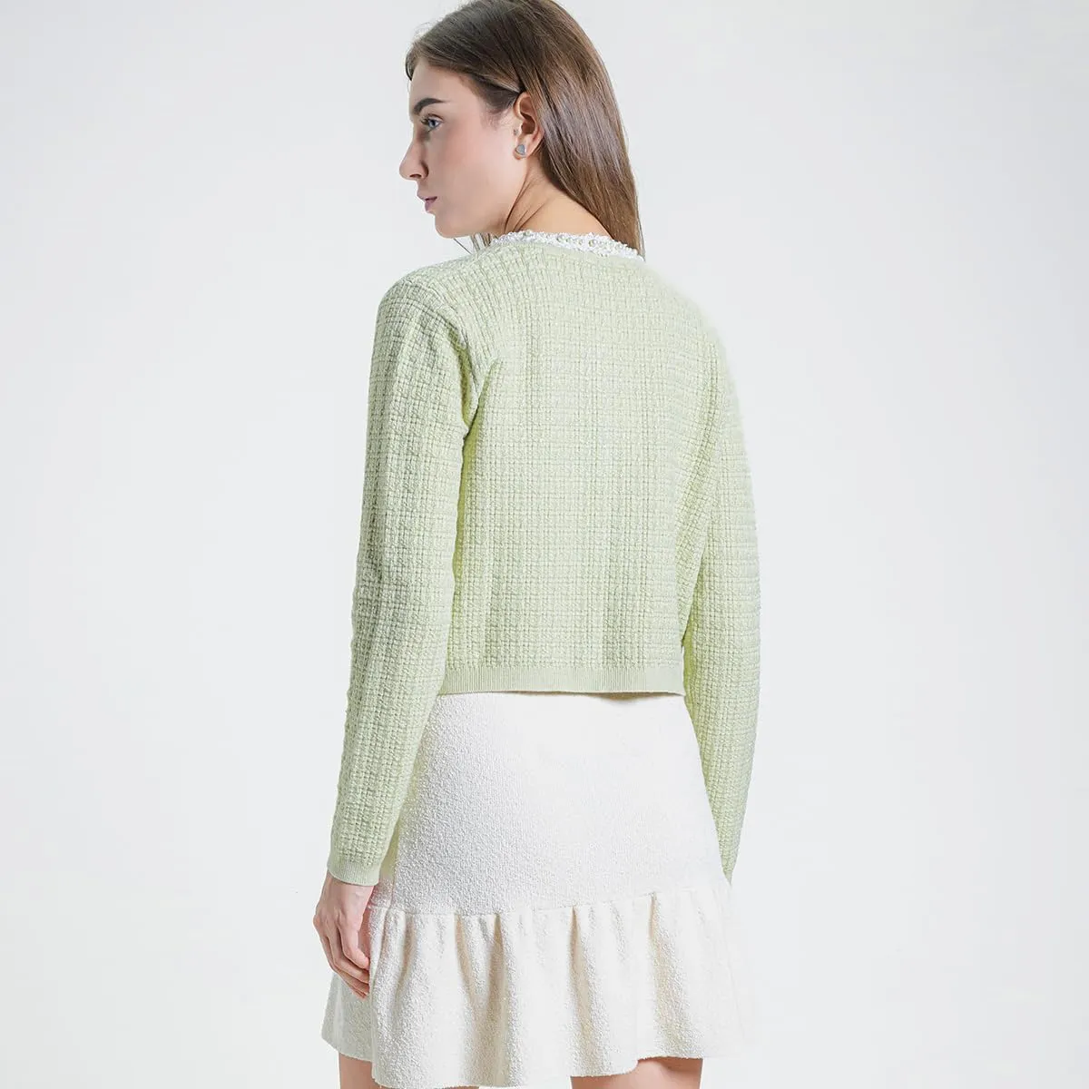 Womens Cropped Cardigan Sweaters Open Front Casual Long Sleeve Knit Pearl Button Down Crew Neck Jacket 2025