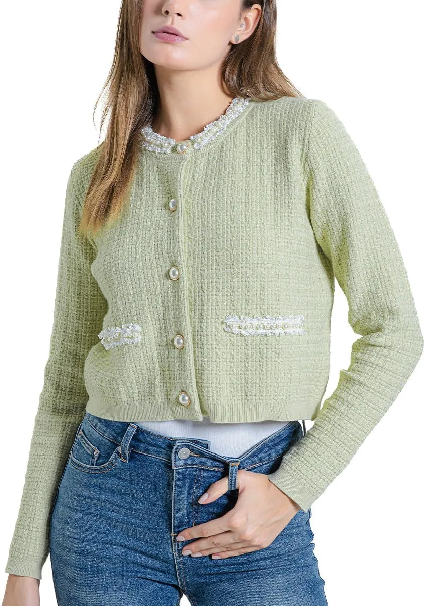 Womens Cropped Cardigan Sweaters Open Front Casual Long Sleeve Knit Pearl Button Down Crew Neck Jacket 2025