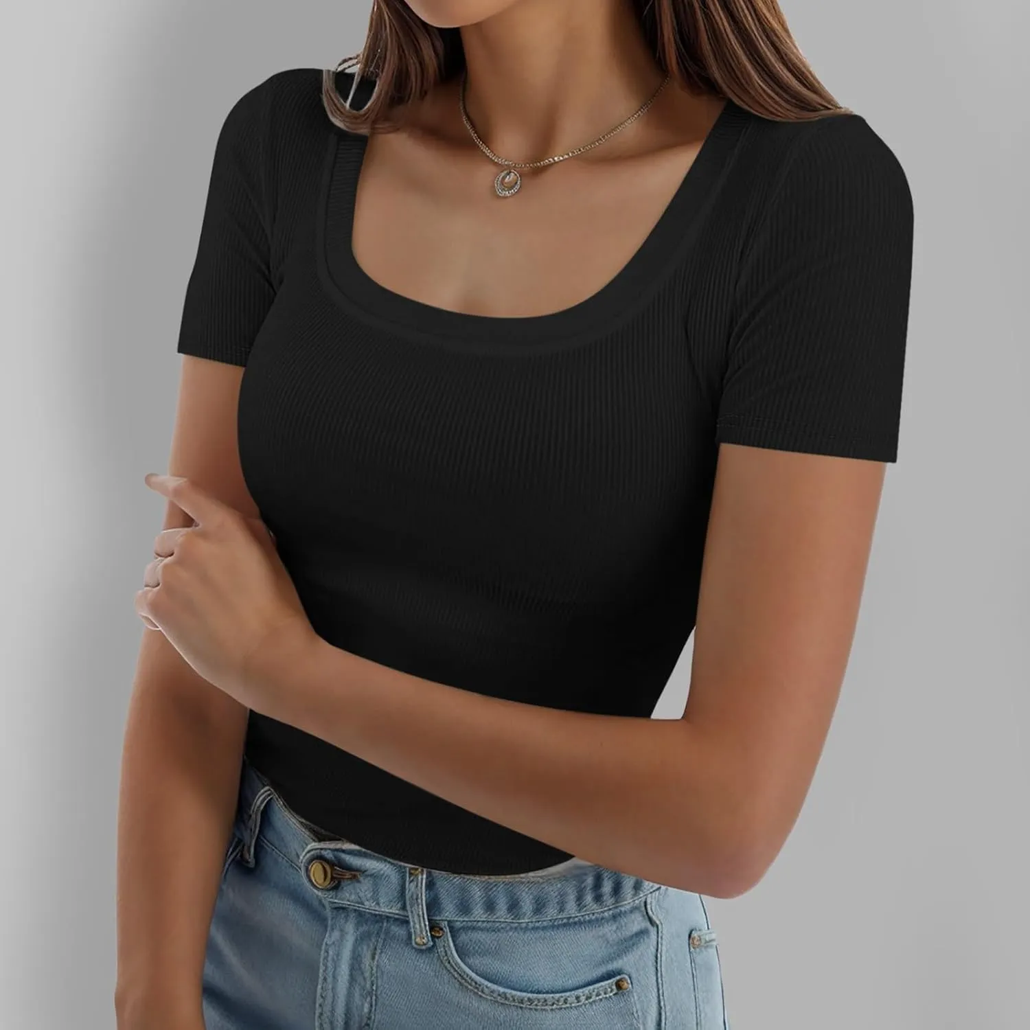 Womens Summer Short Sleeve Tops Square Neck Ribbed Slim Fitted Shirts Casual Tee Tshirt Couples Christmas Shirts