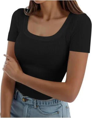 Womens Summer Short Sleeve Tops Square Neck Ribbed Slim Fitted Shirts Casual Tee Tshirt Couples Christmas Shirts