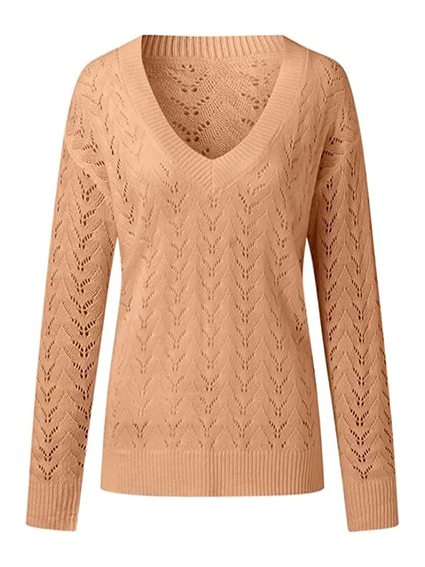 Women's Sweater Solid Color Hollow V-neck Sweater Is Casual and Comfortable