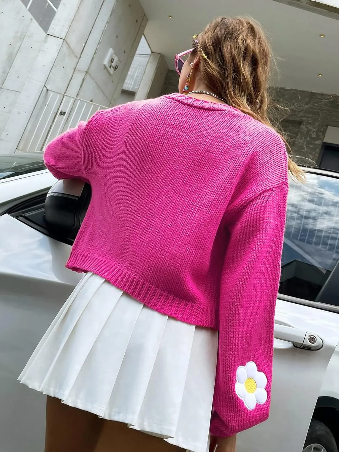 Womens Y2K Cardigan Sweaters Long Sleeve Open Front Cropped Flower Knit Cardigan Aesthetic 90s Shrug Back to College Outfits