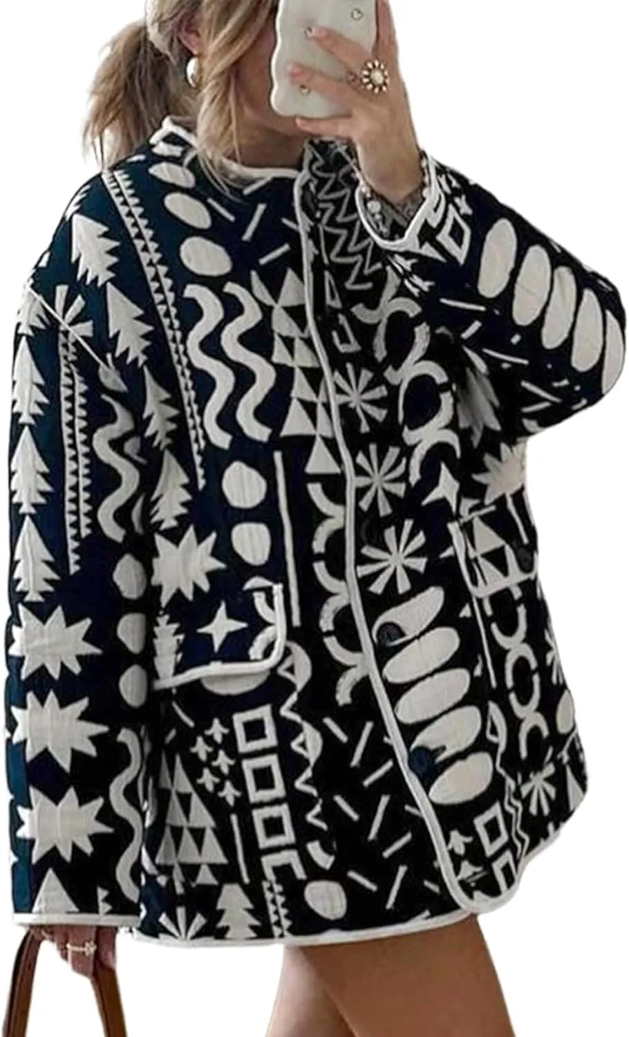 Wyeysyt Women's Quilted Puffer Jacket Lightweight Floral Print Padded Cardigan Button Down Puffy Coat Outwear